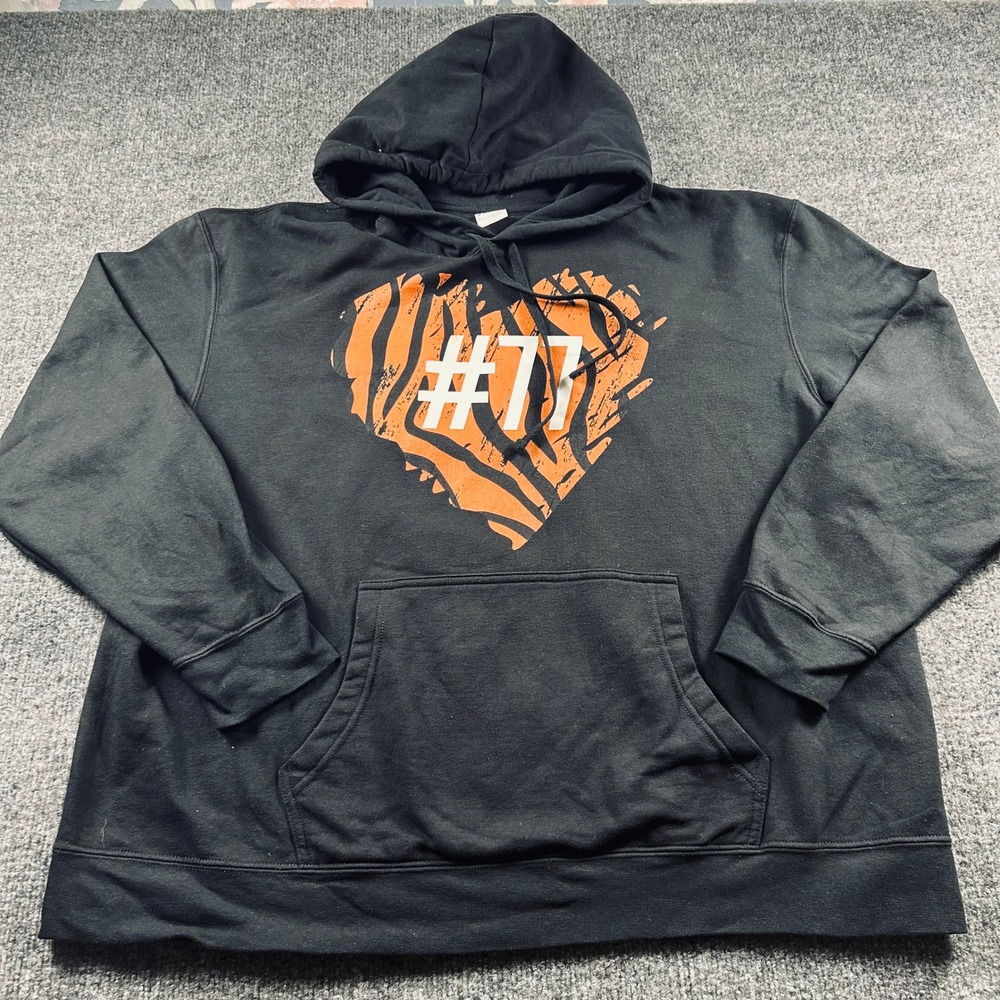 Black Graphic Hoodie Orange Heart Tiger Stripe #77 Pullover Sweatshirt Mens 2XL - Picture 2 of 10